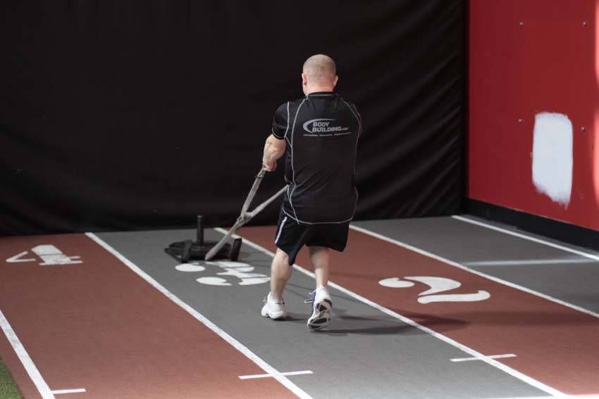 Backward Sled Drag exercise demonstration — targets the quads
