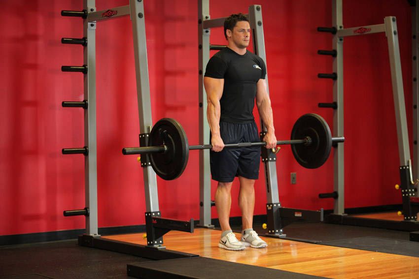 Barbell Shrug exercise demonstration — targets the traps