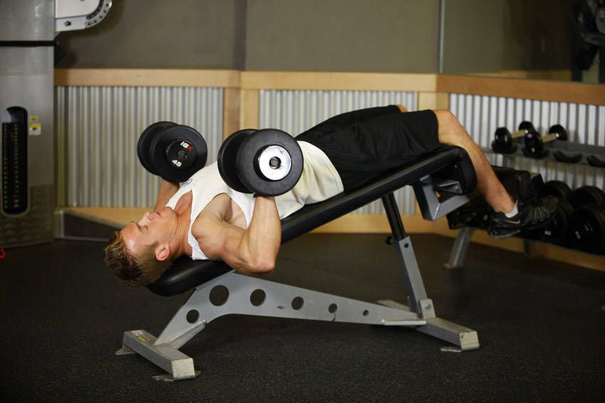 Decline Dumbbell Press exercise demonstration, targeting the chest