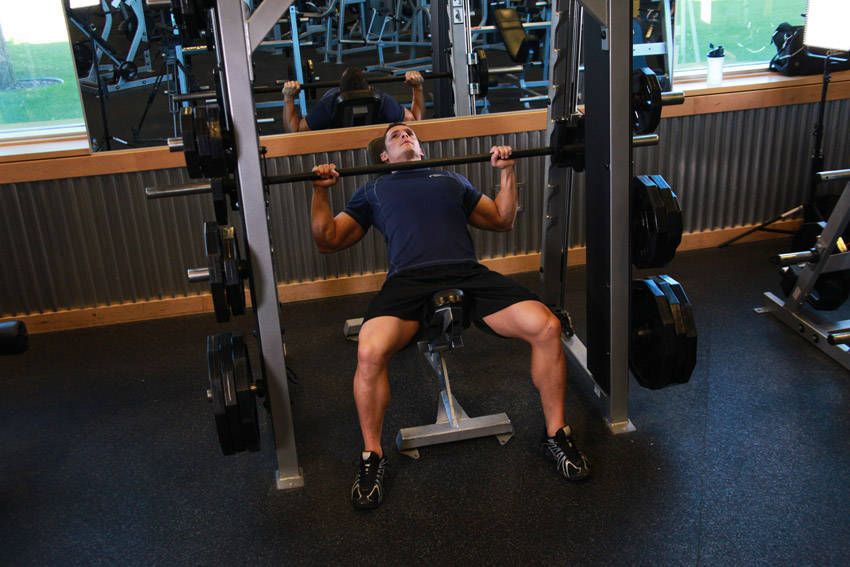 Incline Smith Machine Press exercise demonstration, targeting the chest