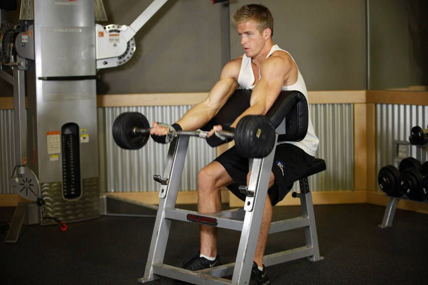 Preacher Curl exercise demonstration, targeting the biceps