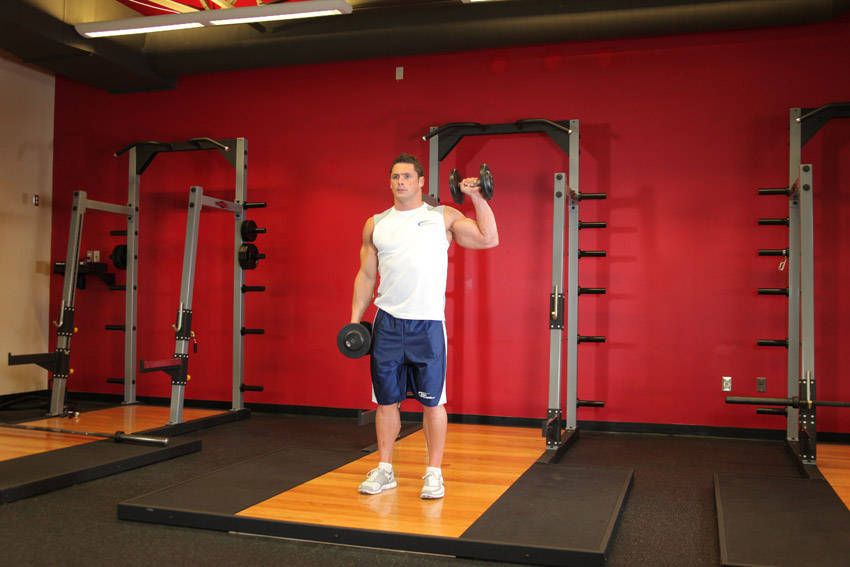 Single-Arm Dumbbell Overhead Press exercise demonstration, targeting the shoulders