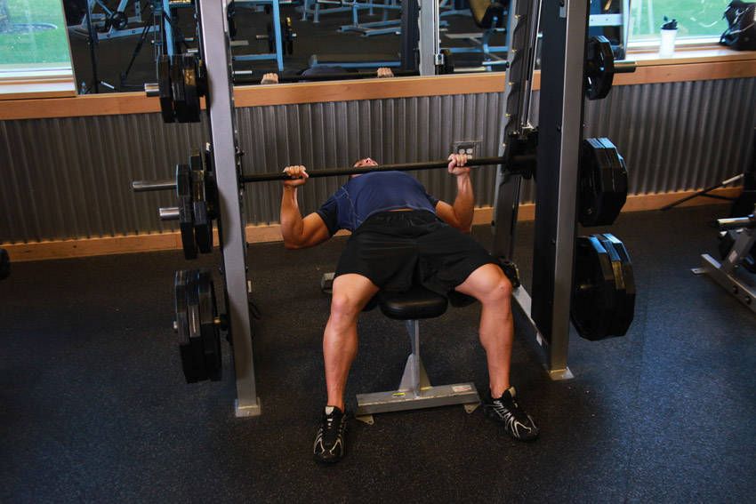 Smith Machine Bench Press exercise demonstration, targeting the chest