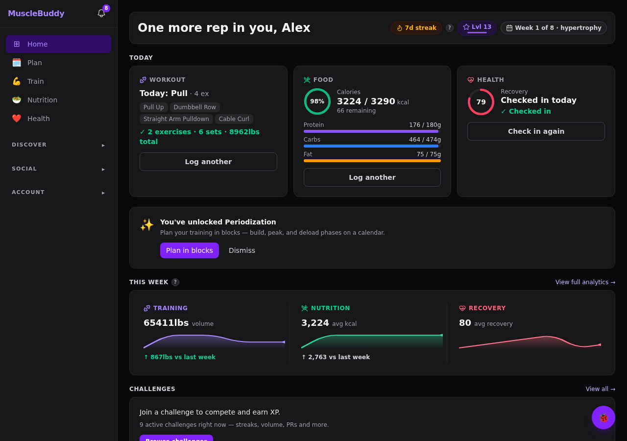 MuscleBuddy dashboard showing today's workout, food and recovery cards alongside weekly training-volume, nutrition and recovery trend charts.
